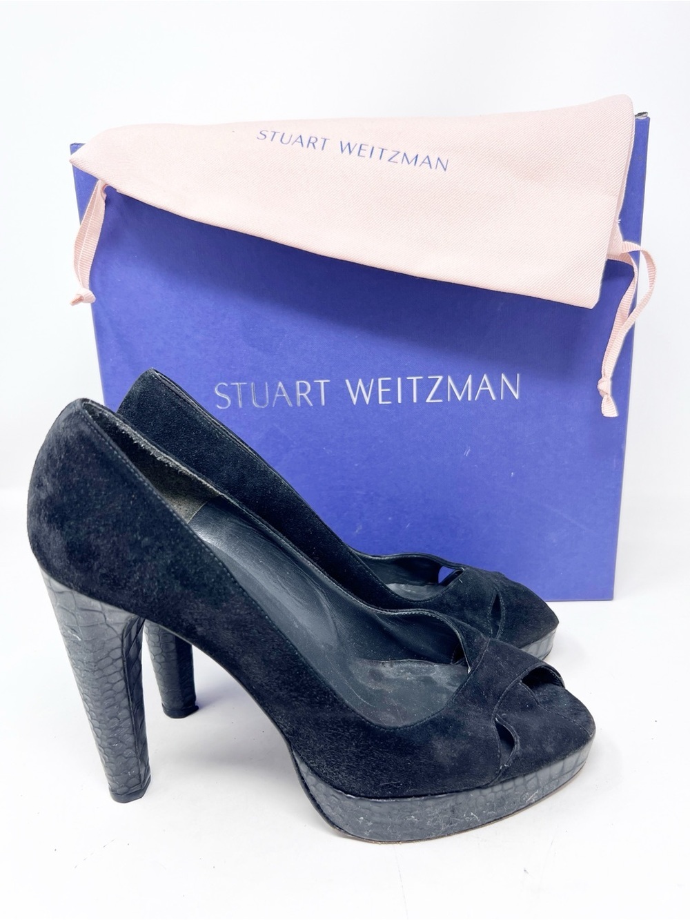 STUART WEITZMAN BLACK SUEDE PLATFORM PEEP TOE SOHOGAL HEELS WOMENS SZ 8